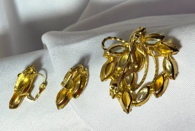 Soft Yellow and Amber Rhinestone Brooch and Clip On Earrings - Image 1 of 4