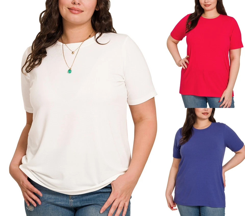 1X 2X 3X Women Round Neck T-Shirt Short Sleeve Soft Stretch Basic Plus Size Top - Image 1 of 1