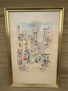 Vintage Notre Dame Straßenszene Original Aquarell Gemälde gerahmt M. Sandor - Bild 1 von 8