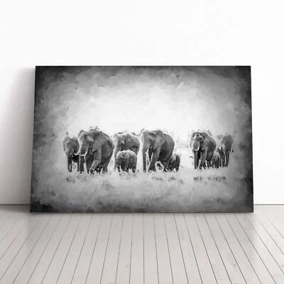 Herd Of Elephants Roaming In Abstract Landscape Canvas Wall Art Print Framed - Image 1 of 4