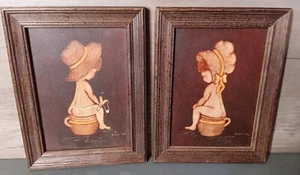 Hand Painted 1984 B Hill Framed Boy Girl Chamber Wash Pots Bathroom 6.5x8.5 - Picture 1 of 4