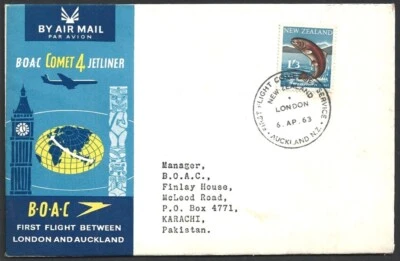 (BL) Nueva Zelanda a Karachi Pakistán 1963 BOAC Cometa Primer Vuelo Cubierta Foto 1 de 2