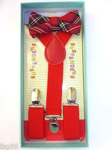 Baby Toddler Kids Child Plaid Tartan Red Suspenders Bow Tie Gift Box Set USA  - Picture 1 of 3