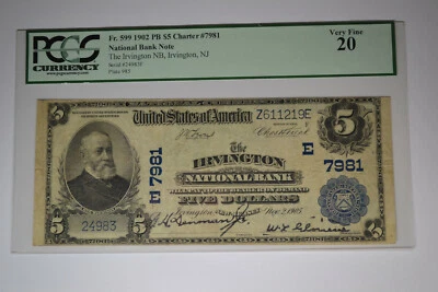 Irvington, NJ - $5 1902 Plain Back Fr. 599 The Irvington NB Ch. # (E)7981.  PCGS - Image 1 of 4