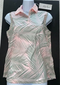 NEW Lady Hagen GOLF PINK Polo Sleeveless Top Small Split Back, NWT Palms Leaves - Picture 1 of 9