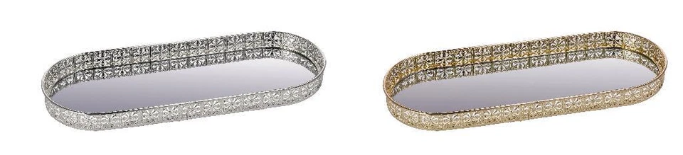 Vassoio Decorativo Casa in Metallo e Vetro Ovale Oro o Argento 33 x 12 cm 2 C... - Immagine 1 di 1