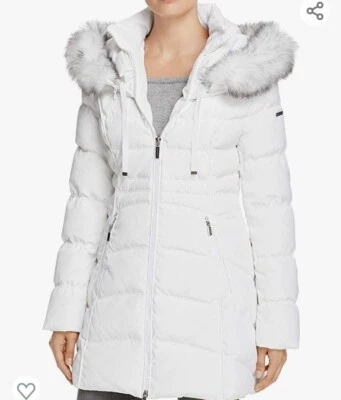 Jaqueta Laundry By Shelli Segal, Casaco Branco com Capuz Acabamento de Pele Sintética, EUA P - Imagem 1 de 4