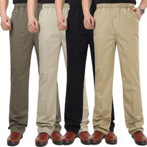 Men Cotton Pants Straight Leg Elastic Waist Zip Formal Dress Trousers Casual New - Picture 1 of 19