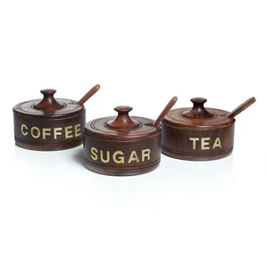 NEW Wooden Canister Jar Set of 3 for Sugar, Coffee & Tea with Spoon & Lid Brass - Picture 1 of 9