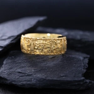 8mm Custom Made Solid Yellow Gold Ring with Egyptian Symbols and Hieroglyphs - Picture 1 of 9