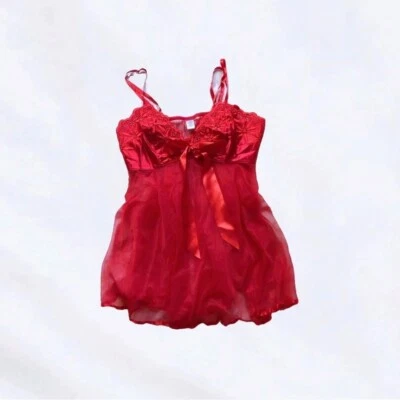Vestido camisero babydoll lencería corpiño transparente satinado ojales bordados rojos talla XL Foto 1 de 4