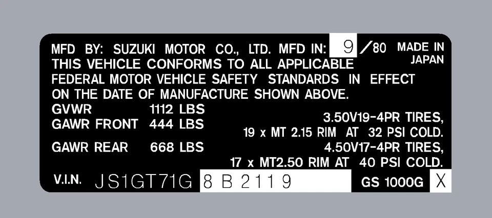 SUZUKI GS1000G 1980 THRU? ETIQUETA HEADTUBE / CALCOMANÍA REPRO Foto 1 de 1