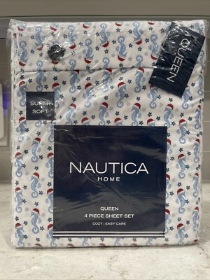Nautica Home SEAHORSE Christmas Queen Sheet Set Santa Hat Seahorses Beach Sheets - Image 1 of 4