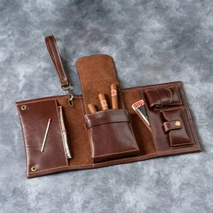 Custodia per sigari in pelle borsa per sigari da viaggio umidificatore borsa per sigari fatta a mano portasigari - Foto 1 di 7
