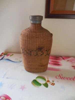 ANCIENNE FLASQUE GOURDE À ALCOOL EN VERRE RECOUVERTE D'OSIER DÉB. XXe - Photo 1/4