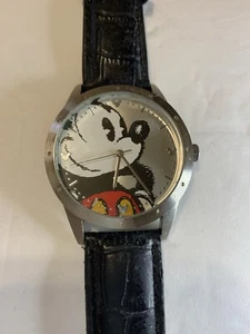 Disney Mickey Mouse Watch Adult Large Mickey Face Black Leather Band New Battery - Picture 1 of 10