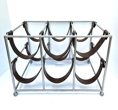 Silver Metal and Brown Leather Six Bottle Table or Counter Top Wine Rack - Image 1 of 4