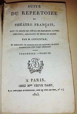 Suite du Repertoire du Theatre Francais Lepeintre Tome IX 1823 Full Leather - Image 1 of 3