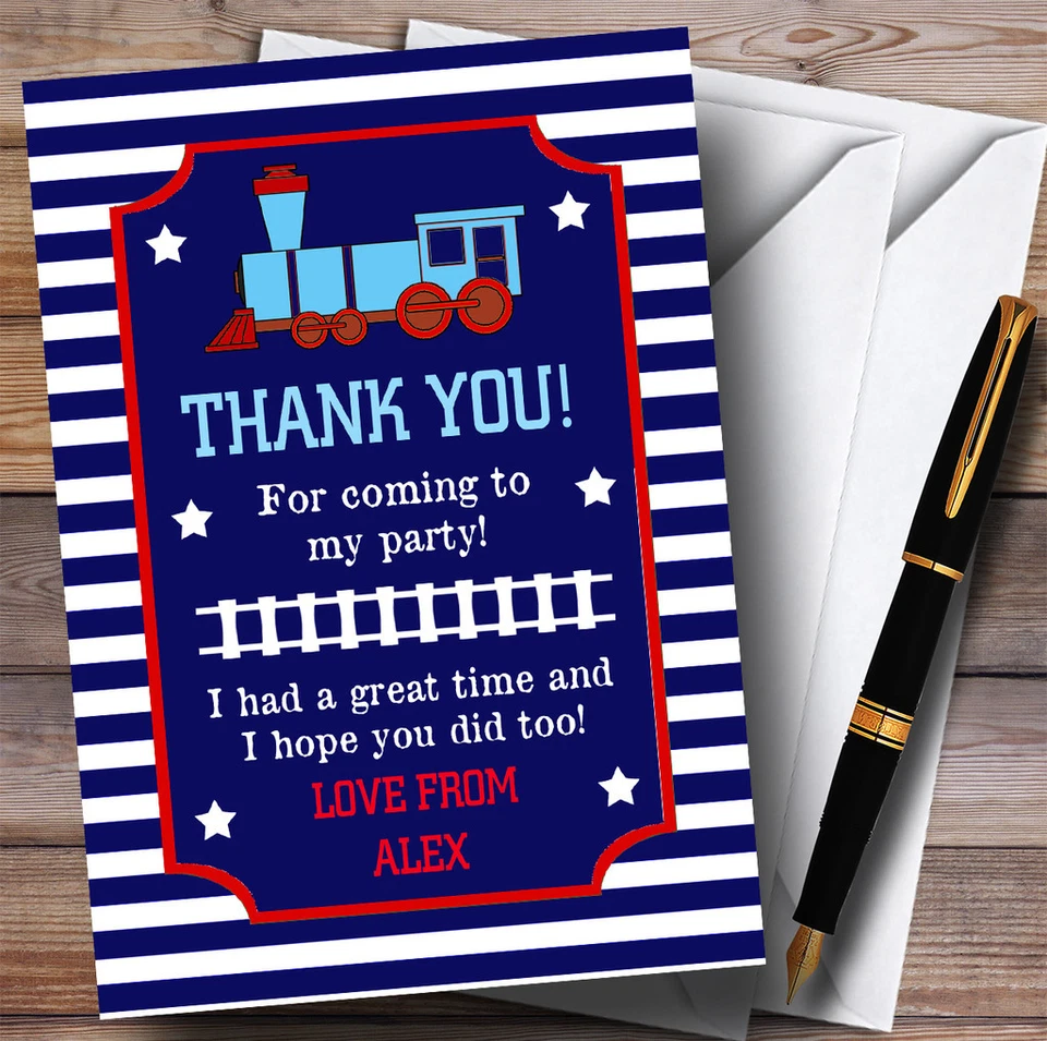 Blue & Red Striped Train Party Thank You Cards - Image 1 of 1