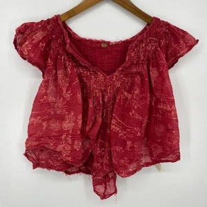 Free People Blouse Women's Size M Pink Red Cropped Loose Fit Boho Cotton - Picture 1 of 8