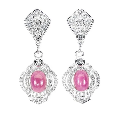 Summer 925 Silver Earrings Oval Ruby 7x5mm White Topaz Gemstone Jewelry - Image 1 of 4