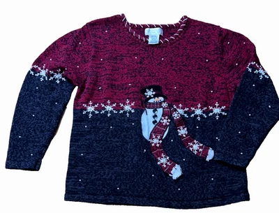 Mandal Bay Vintage 90's Snowman Christmas Sweater Red Black Pearl Beaded XL - Image 1 of 4