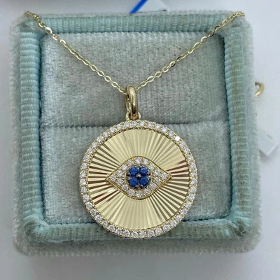 1Ct Round Cut Real Moissanite Evil Eye Pendant 14K Yellow Gold Plated Free Chain - image 1 of 4