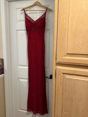 Scala Ladies Red Beaded Formal Floor Length Gown with Spaghetti Straps Size M - Image 1 of 4