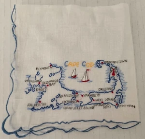 Cape Cod Landmarks Map Souvenir Vintage 1960s Handkerchief Hanky Embroidered - Picture 1 of 1