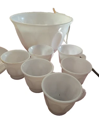 批量 7 件 复古 白色 牛奶 玻璃 拇指纹 设计 咖啡 茶杯和沙碗 — 第 1/4 张图片