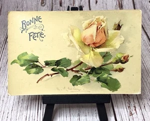 Birthday Greetings, Bonne Fete Yellow Peach Roses Flowers Vintage Postcard - Picture 1 of 4