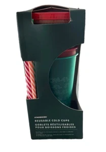 Starbucks Coffee Reusable Cold Cups Holiday Set 5 Green Red Striped Straws - Picture 1 of 4