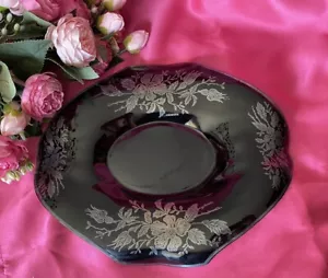 Vtg Ebony Black Glass Decorative Dish Bowl w Sterling Silver Overlay Art Deco - Picture 1 of 10