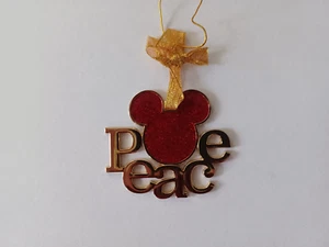 Mickey Mouse Red Glitter Gold Reflective Metal Peace Christmas Tree Ornament - Picture 1 of 5