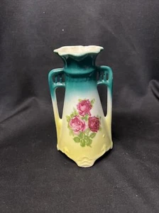 antique 5.5 inch green multicolor vase with roses, Czeshoslovakia - Picture 1 of 7