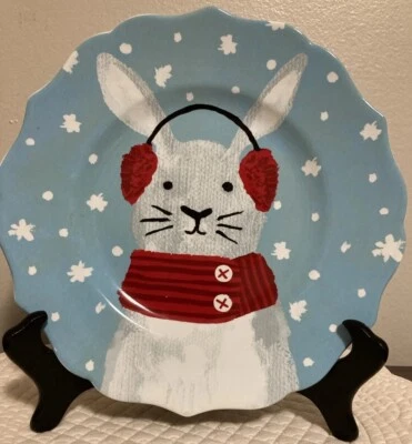 "Plato de almuerzo ensalada de vacaciones de invierno nieve con conejito cálido y difuso 222 8,5"" raro" Foto 1 de 4