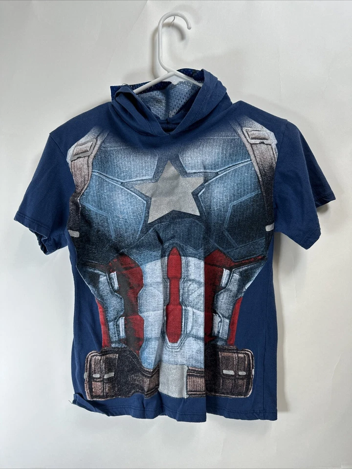 Captain America T-Shirt With Mesh Hood Marvel Boys  Size Large - Image 1 of 4