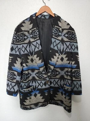 Blazer deportivo vintage Lew Magram azul azteca geométrico de un solo botón mezcla de lana XL Foto 1 de 4