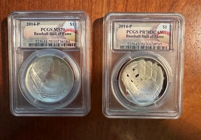 U.S. 2014-P BASEBALL HALL OF FAME SILVER DOLLAR SET, CERTIFIED PCGS PR70 & MS70 - Image 1 of 4
