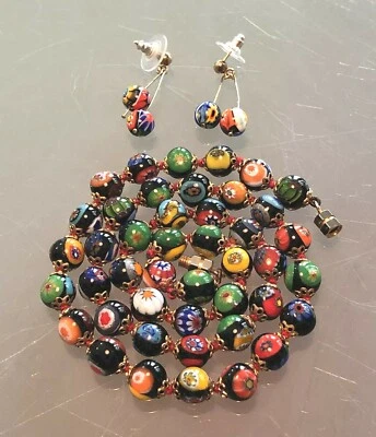 VENETIAN Art Deco Moretti Murano MILLEFIORI GLASS BEAD NECKLACE & Earrings Set - Image 1 of 4