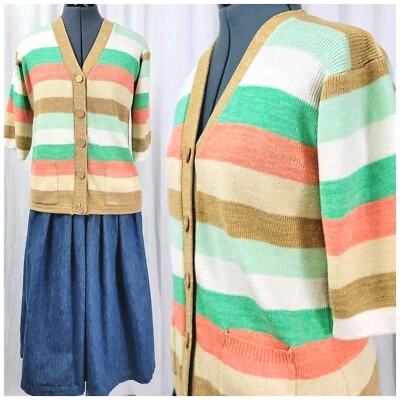 Vintage Kmart Acrylic Sweater Cardigan in Tan/Mint/Peach Stripes Size S - Imagem 1 de 4