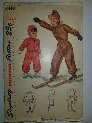 Simplicity 2346 Snowsuit Cap Hood Sewing Pattern VTG 40s Girls Size 2 Winter Cut - Image 1 of 4