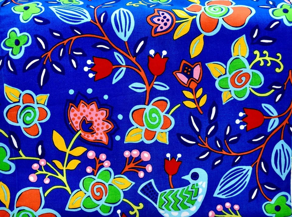 Tela de jardín Sundborn, coloridos pájaros y flores, fondo azul, algodón, 44"x 36" Foto 1 de 1