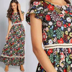 Modcloth 60s Floral Fringe Maxi Traffic People Dress US Women's Size XS - Bild 1 von 8