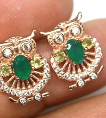 925Silber OHRRINGE Stecker, Edelsteine Echt!Agathe/Peridot grünHandarbeit, Eulen - Bild 1 von 4