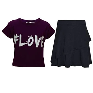 Kids Girls Crop Top And Fril Skirt Trendy Stylish Crew Neck Skater Skirt Set - Picture 1 of 41