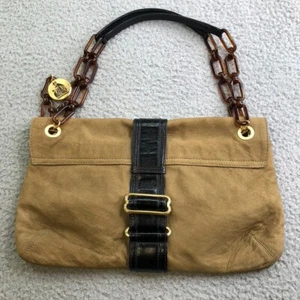 Lanvin Paris Suede Shoulder Bag Womens Medium Beige Chainlink Purse Turnlock - Picture 1 of 19