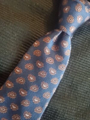 BLACK BROWN 1826 Blue Gold Paisley 100% Silk Tie Necktie Long Skinny - Image 1 of 4