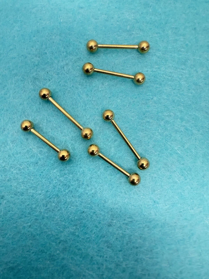 Gold Plated Straight Barbell Nipple Tongue Rings Surgical Steel Bar 3 Pair - Image 1 of 4