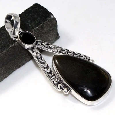 925 Silver Plated Silver Obsidian Black Onyx Long Pendant Size 2.5" GW - Image 1 of 3